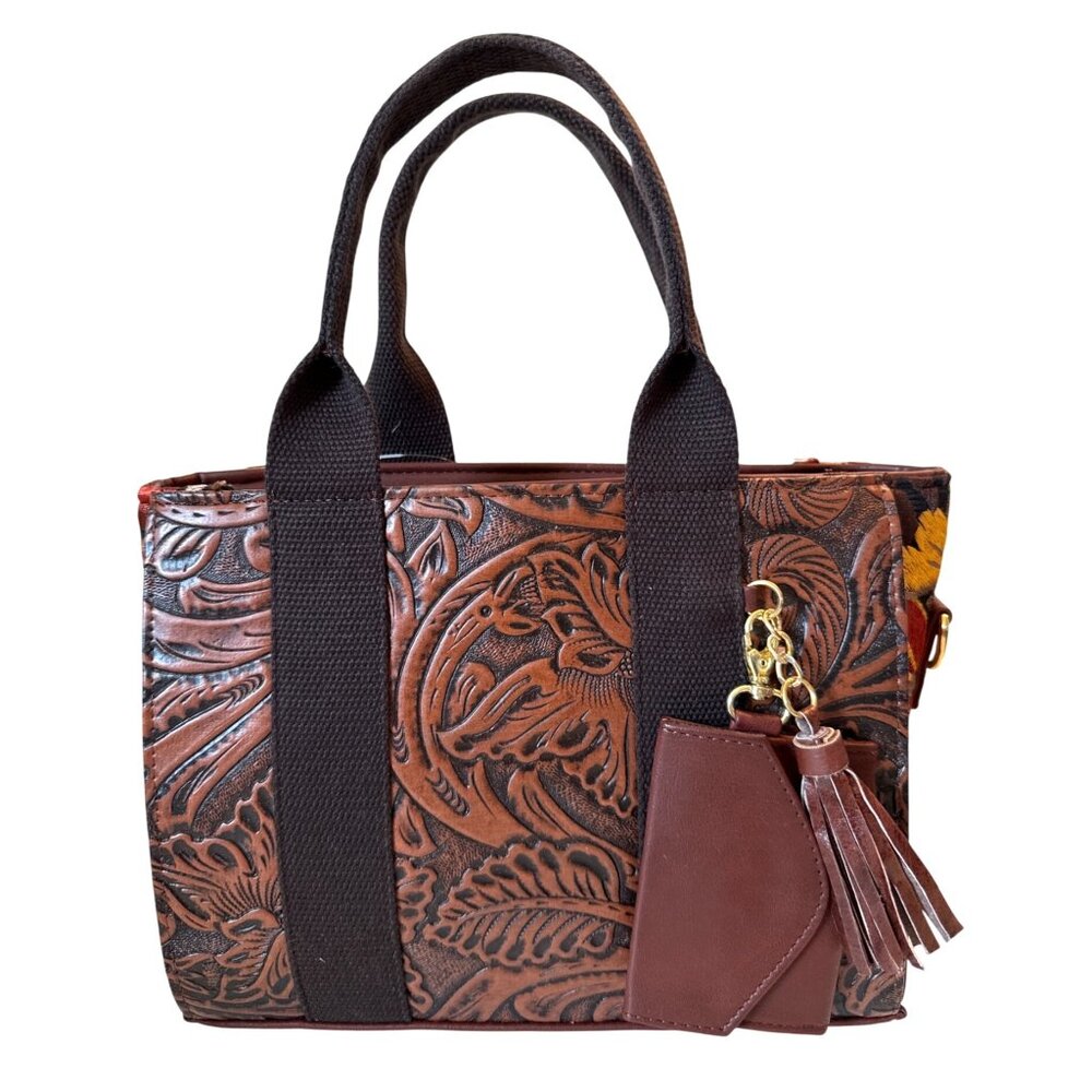 Mexican Artisanal Floral Tapestry Embroidery Tooled Vegan Leather Satchel Bag OS